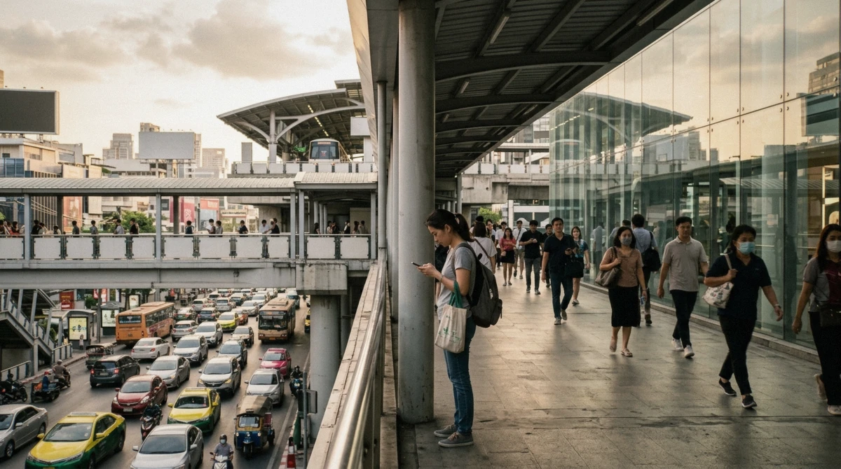Skywalk outside BTS Siam station in Pathum Wan leading toward the Siam Square shops for a massage in Siam Bangkok