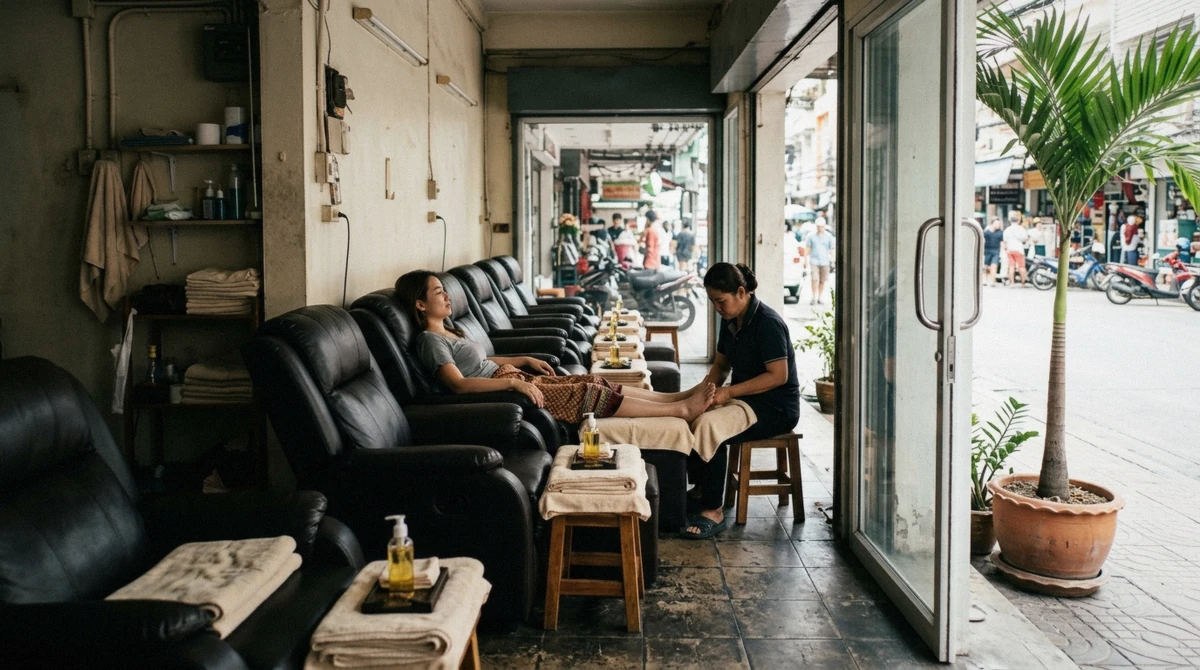 Reclining chairs in a street-level foot massage lounge in Siam Square, a common setting for a massage in Siam Bangkok